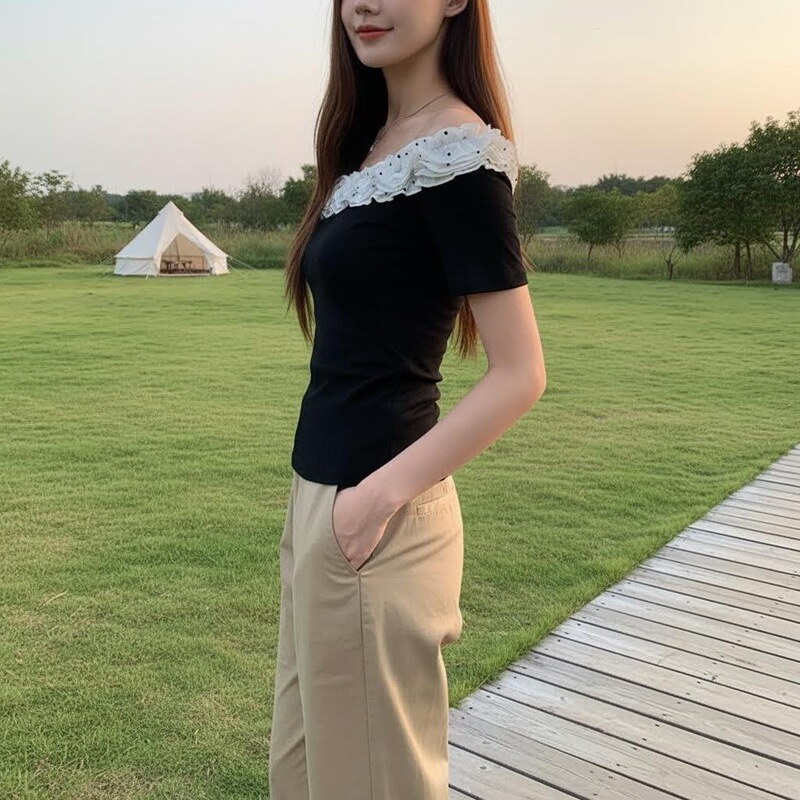 New Style Lace Off-Shoulder Short-Sleeve T-Shirt for Women, Black Cotton Blend, Slim Fit, Versatile for Dates, Shopping, and Girls' Gatherings New Style Lace Off-Shoulder Short-Sleeve T-Shirt for Women, Black Cotton Blend, Slim Fit, Versatile for Dates, Shopping, and Girls' Gatherings