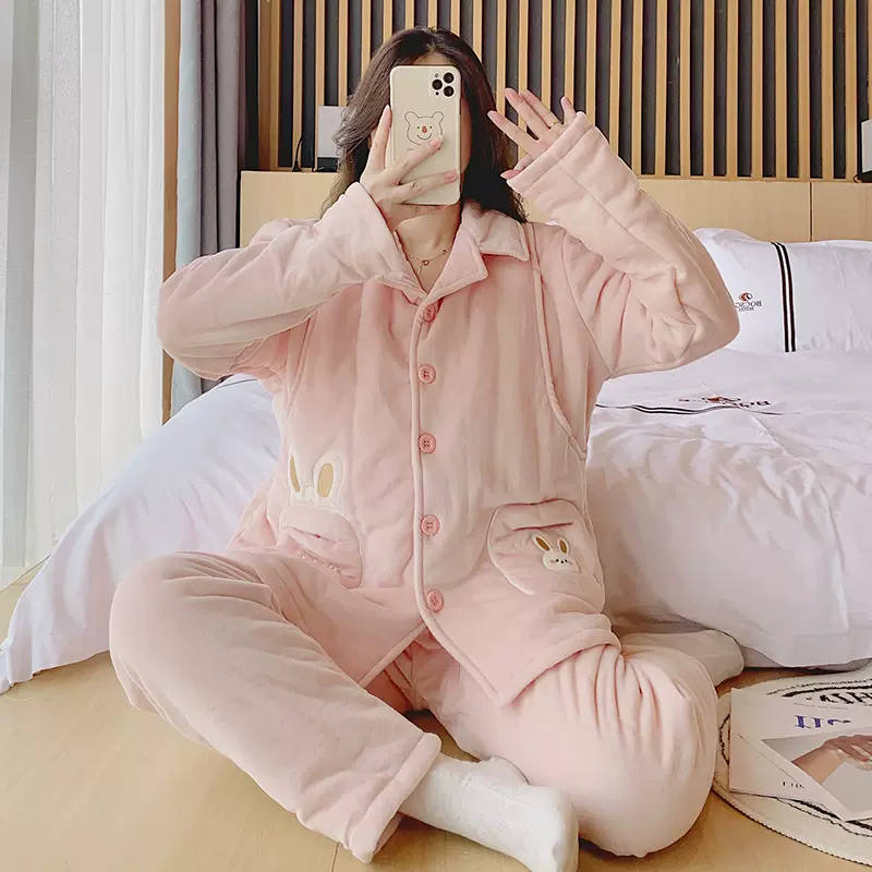 婴儿绒加厚加绒保暖月子服软糯糯孕妇哺乳套装开衫两件套一件代发