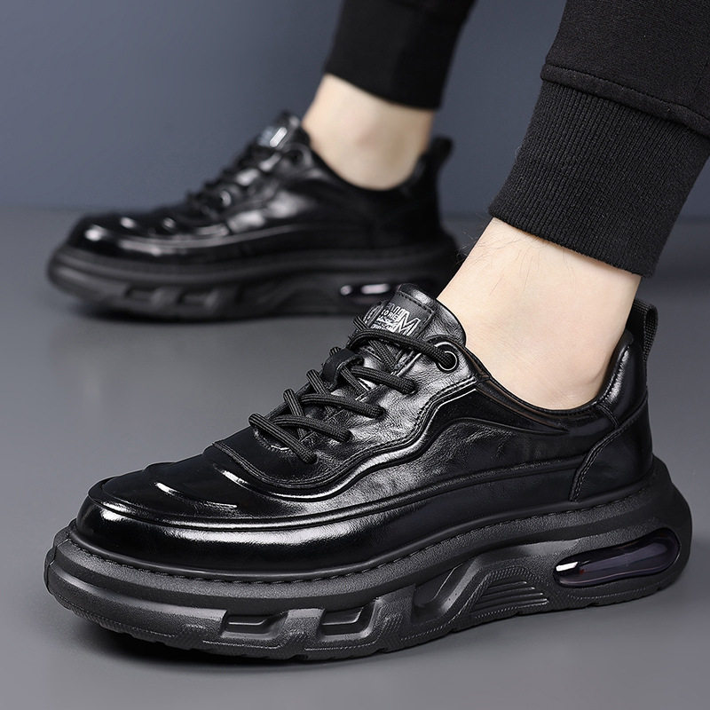 Giày sneaker nam da bò thật đế dày, giày thể thao thông thường thoáng khí đa năng — màu nâu, màu đen