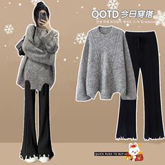 大码女装冬季套装女2025新款收腰显瘦减龄慵懒风毛衣休闲裤两件套