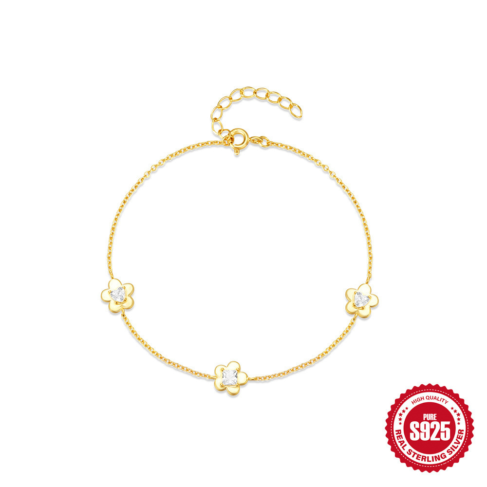 Exquisito cuadrado de flores de cinco pétalos, pulsera de circón de amor, pulsera clásica de plata esterlina s925 de moda europea y americana