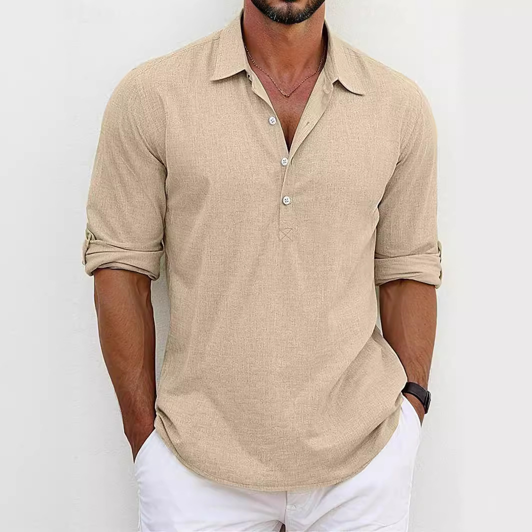 Men's Linen Shirt, Summer Foreign Trade Cross-border Solid Color Half-cardigan, Breathable, Sweat-absorbent,_voghion.com