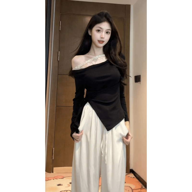 260g 1*1 Threaded Rayon Asymmetrical Long-Sleeved Lace One-Shoulder Slim Bottoming Shirt Versatile T-Shirt