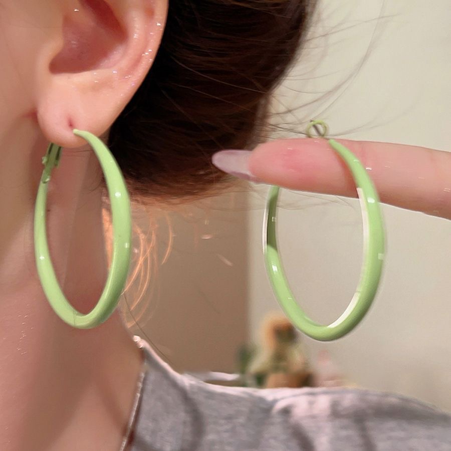 34 # Light green plain hoop silver needle earrings