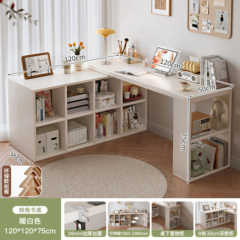 Escritorio al lado de la cama del dormitorio de las niñas con estantería, tocador, escritorio de computadora de esquina de un cuerpo, banco de trabajo retráctil