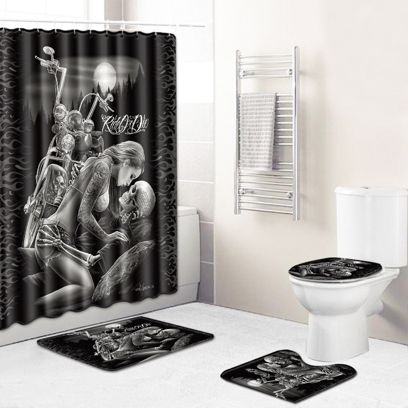 Thriller skull printing cross-border hot bathroom non-slip mat shower curtain combination carpet European and American style a generation of hair Thriller skull printing cross-border hot bathroom non-slip mat shower curtain combination carpet European and American style a generation of hair
