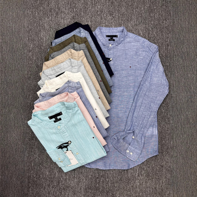 Men's Spring & Fall Youth Linen Long-Sleeved Casual Men's Shirt Jacket Shirt Tm Standard Stand-Up Collar Linen Export Large Size