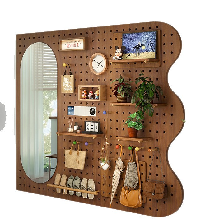 Hoyo de madera de color nuez hoyo tablero estante de madera sólida pared de modelado puerta de entrada de la casa pared detrás de la decoración estante de exhibición