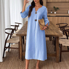 外贸跨境2025秋季新款休闲V领纽扣装饰长袖纯色长款棉麻连衣裙