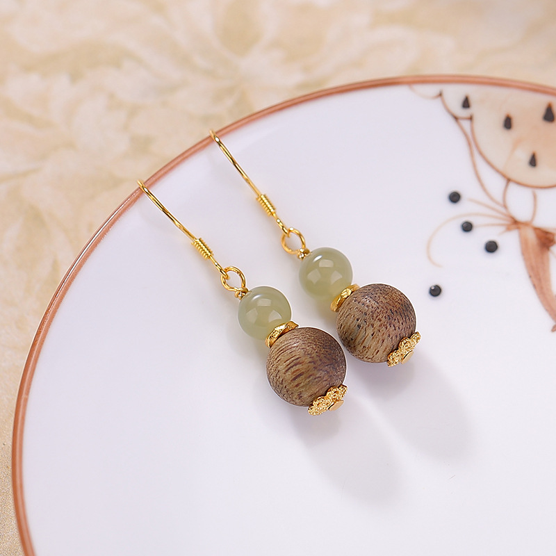 Bông tai dài bạc S925 mạ vàng đính ngọc bích hình hồ lô phong cách tân cổ điển — Một đôi