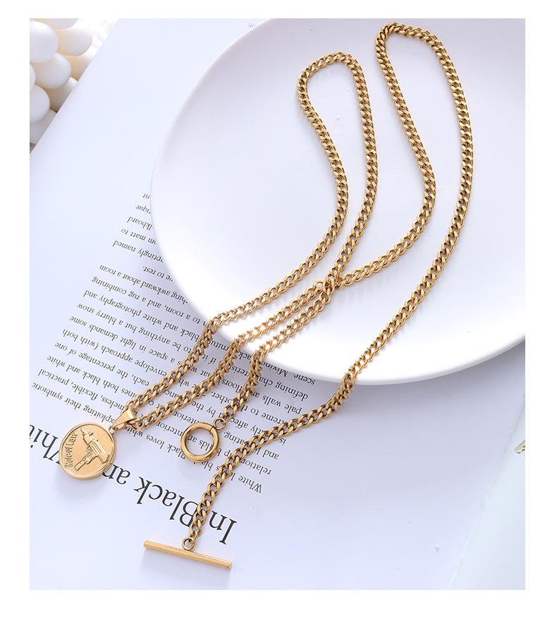 exaggerated thick chain otbuckle round brand gun shape pendant double stacked titanium steel  gold necklace_voghion.com