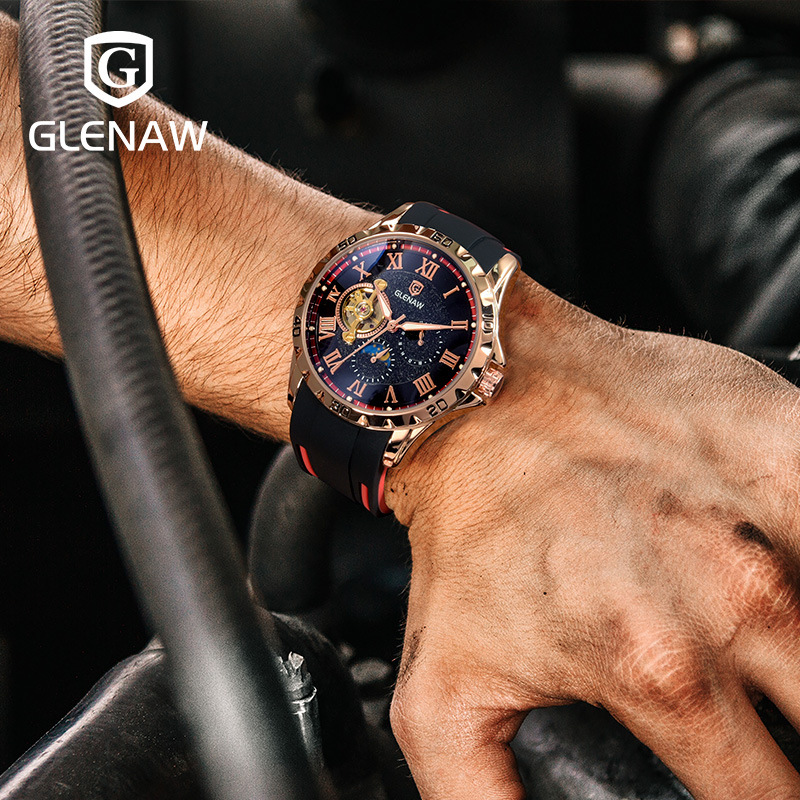 Đồng hồ nam automatic lộ máy, chống nước, dây thép không gỉ — Băng keo hình tròn đỏ vỏ hoa hồng, Băng keo vòng xanh vỏ hoa hồng, Băng keo vòng xanh vỏ đen, Băng keo đỏ vỏ Bạc