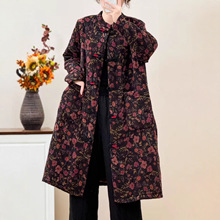 复古民族风夹棉棉衣女中长款 2025冬季新款盘扣印花保暖长袍22257
