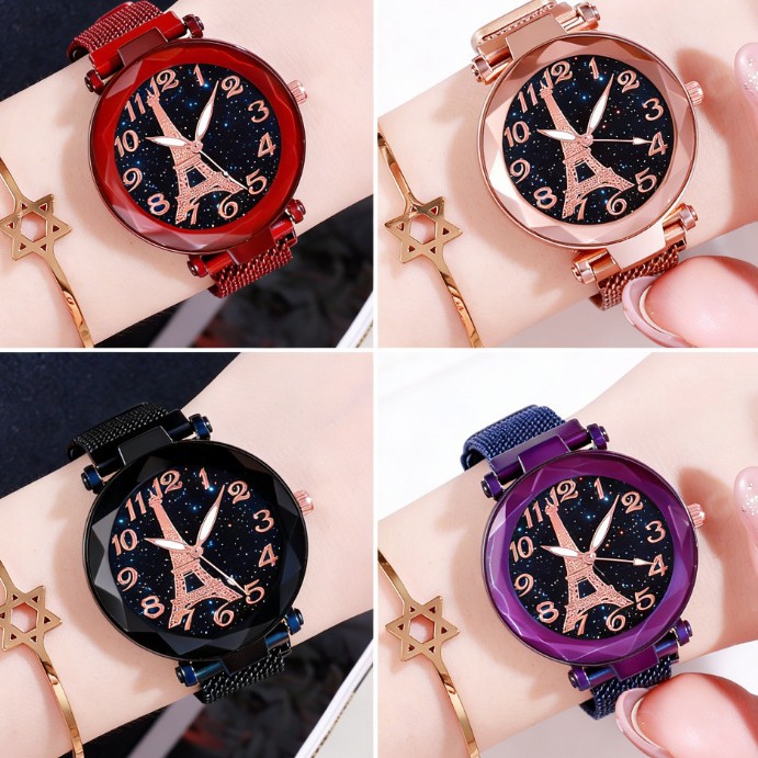 Cross-Border Best-Selling Paris Eiffel Tower Starry Sky Digital Women's Quartz Watch Magnetic Fashion Lazy-Style Wristwatch