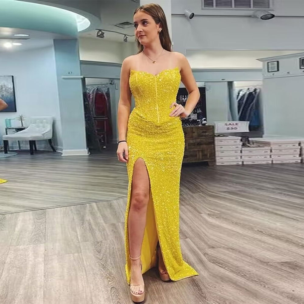 2025 vestido de baile de cola de pescado largo sin correa de hombro brillante vestido de baile formal con bifurcación