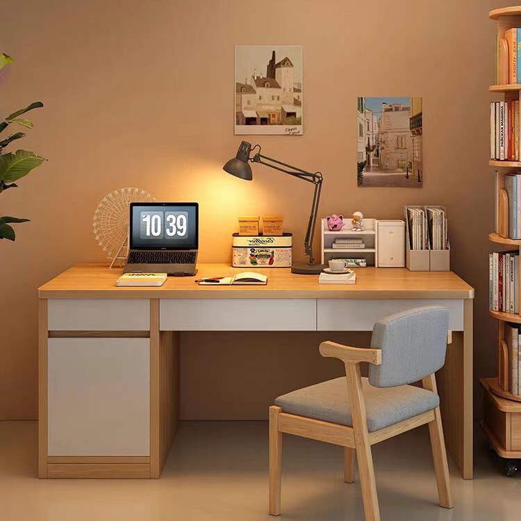 Solid Wood Style Desk Bookshelf Integrated Home Bedroom Study Table Writing Desk Office Desk Computer Desk Workbench Table