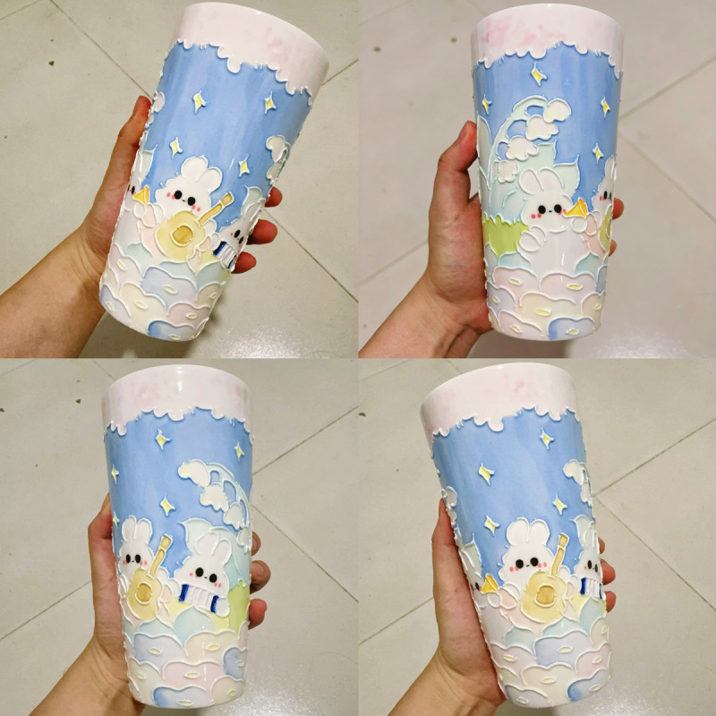 Guochao パイルオブフラワータンブラー 蓋付き ストローカップ 大容量 景徳鎮万華カップ 釉下色手描きウォーターカップ|undefined