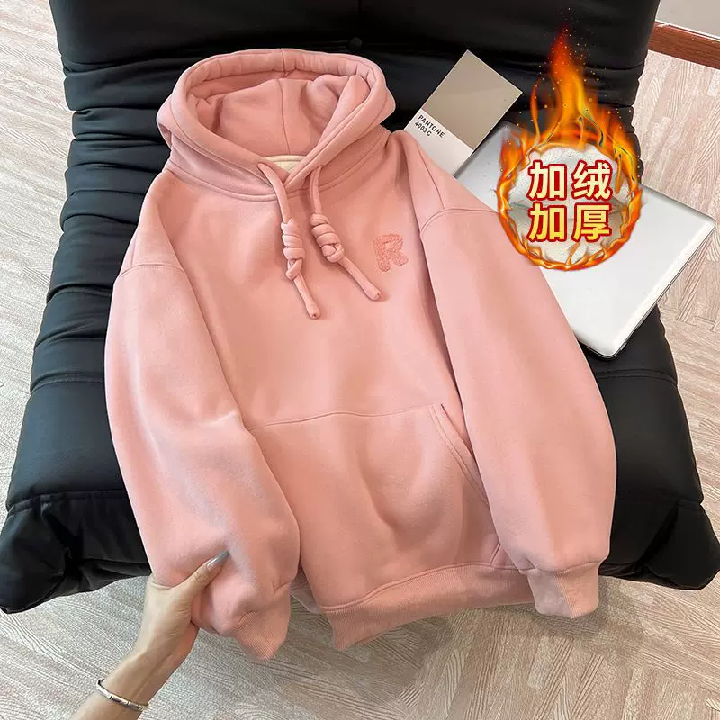 华棉复合羊驼绒420克卫衣女冬加绒刺绣连帽上衣大码女装200斤批发