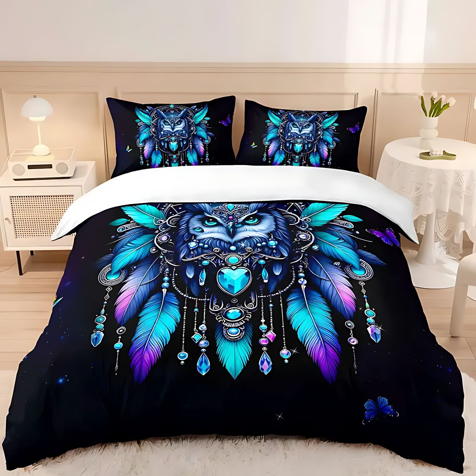 TEMU / JIT Owl Dreamcatcher 3D transfronterizo impresión digital suave set de edredón para diseñar