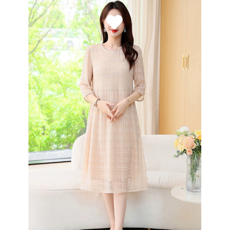 Летнее платье из шёлка 2025 года, новый стиль, Ханчжоу, средней длины, свободного кроя, стройнящее, элегантное, классическое, из тутового шёлка.