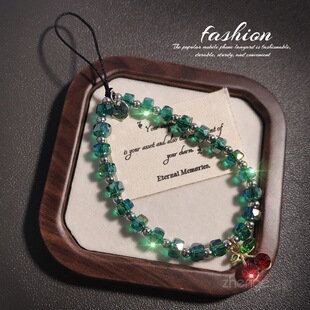 Green Crystal Red Cherry Mobile Phone Hanging Chain Women's High-end Wrist Hanging Ornaments Short Mobile Phone Case Pendant Beaded High-end Sense