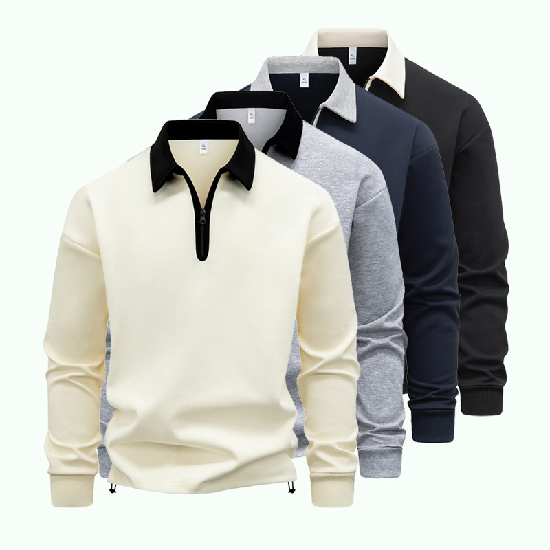Men's Autumn Fashion Long-Sleeve Hoodie | Korean-Style Turn-Down Collar Pullover Sweatshirt | Lightweight Fleece Lining (Black/Navy/Beige/Gray)_viptrois.com