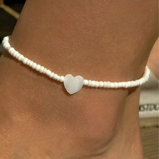 Rongshang Jewelry White Rice Bead Braided Anklet Love Anklet European and American Cross-Border Foot Accessories