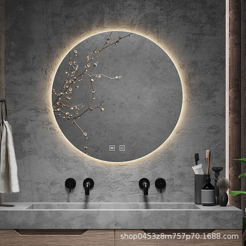 Espejo redondo colgado en la pared, espejo de baño inteligente, espejo colgado en la pared con pantalla táctil LED con lámpara