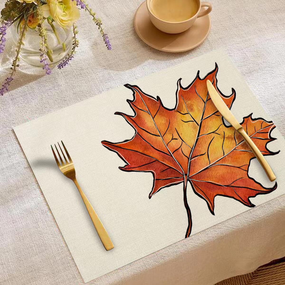 Transfronterizo temu explosión Día de Acción de Gracias otoño calabaza lino estampado conjunto lino estampado mesa de restaurante
