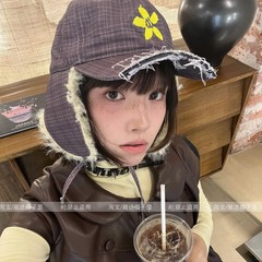 韩系格纹半檐棒球护耳帽女冬季户外骑车滑雪防风防寒雷锋帽飞行帽