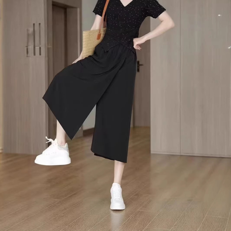 Solid Color Wide-Leg Summer 2026 New Casual Cropped Skirt Pants Thin High-Waisted Slimming Slit Loose Skirt Pants Ins Solid Color Wide-Leg Summer 2026 New Casual Cropped Skirt Pants Thin High-Waisted Slimming Slit Loose Skirt Pants Ins