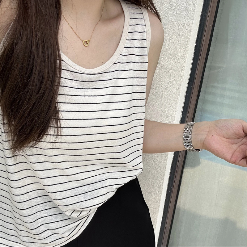 Camisole Women's Summer Striped Inner Wearing Linen Outer Wearing plus size Base Shirt Collar Loose Sleeveless Top chubby girl