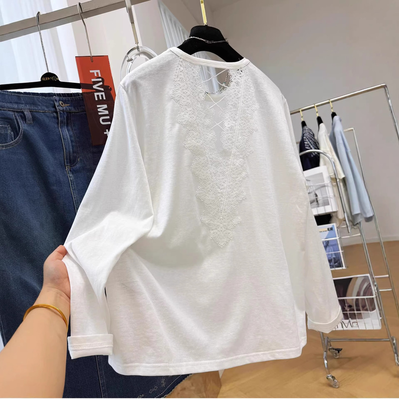 Cross-Border Solid Color Plus-Size Women's Clothing 120kg Snowflake Cotton Back Cut-Out Lace Loose Long-Sleeve T-Shirt Women's Spring Top