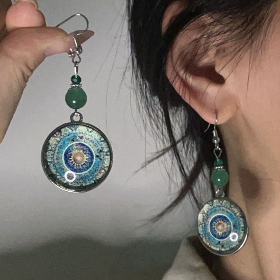 Cross-Border European and American Retro Mandala Flower Time Gemstone Earrings Ethnic Style Dream Catcher Long Pendant Earrings for Women