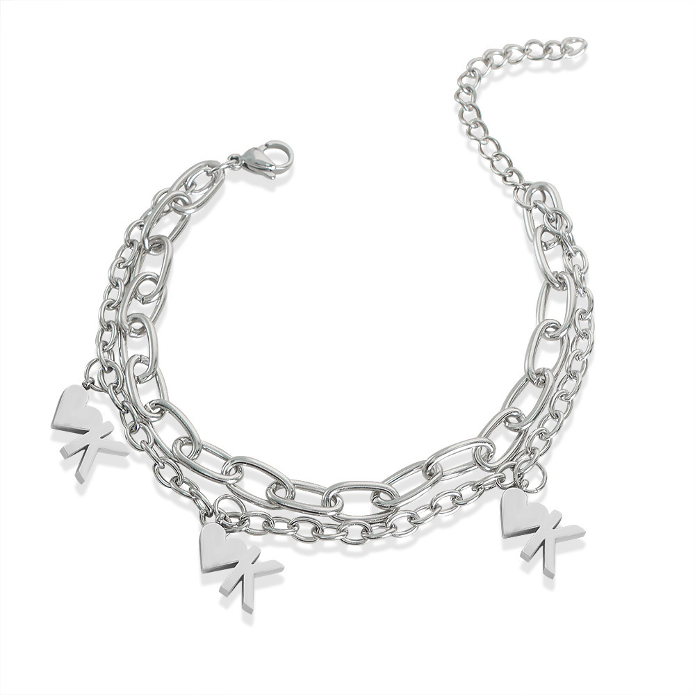 Chino antiguo estilo nicho personalidad Cadena de doble capa cadena apilada estilo diseño amor OK colgante titanio pulsera de acero al por mayor hembra