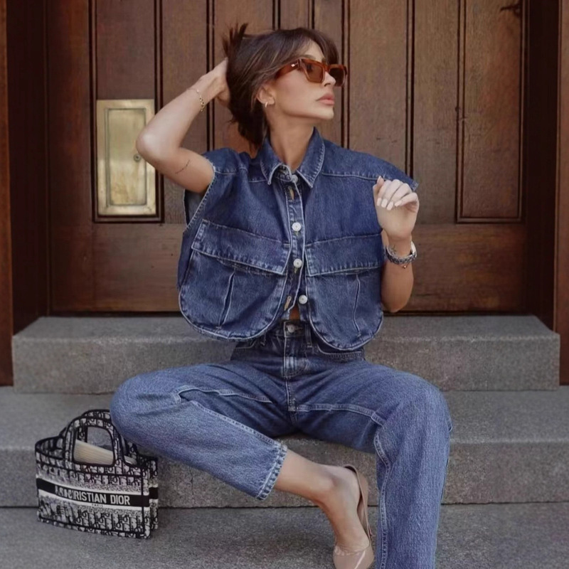 Cross-Border Export Amazon Women's Solid Color Large Pocket Sleeveless High-End Cardigan Polo Collar Shirt Denim Top