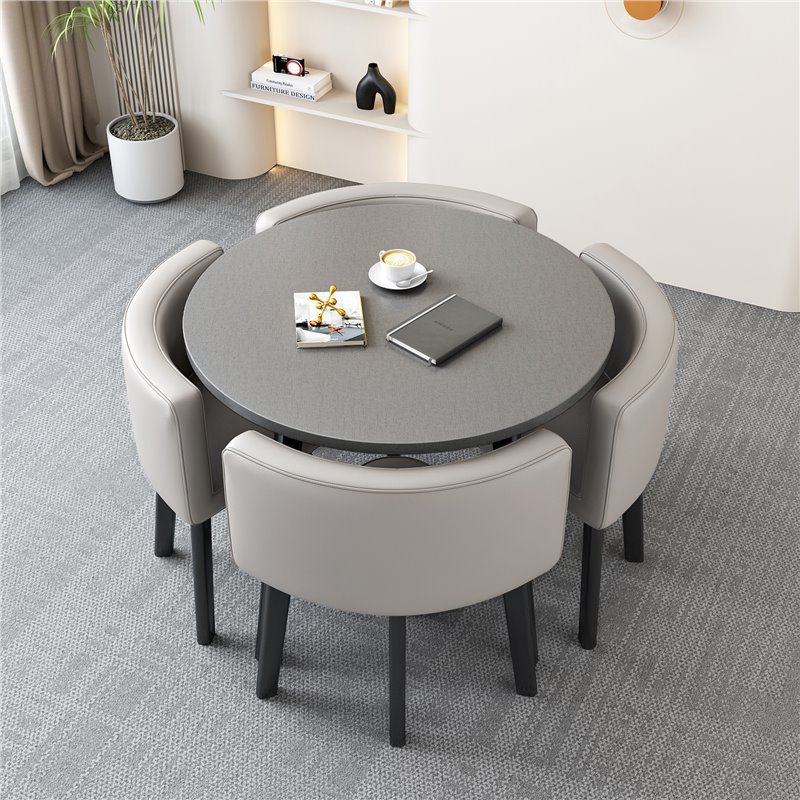 [Factory] 80 Gray Round Table Light Gray Leather Chair