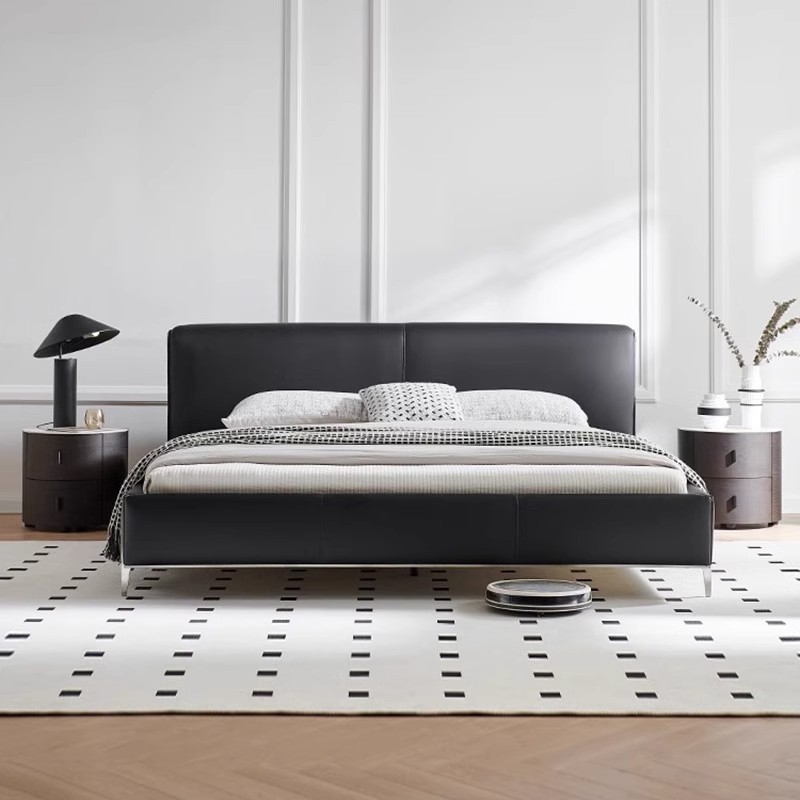 Diseñador minimalista italiano gran cama de cuero negro de vaca 1.8m simple y moderna pequeña cama doble dormitorio principal
