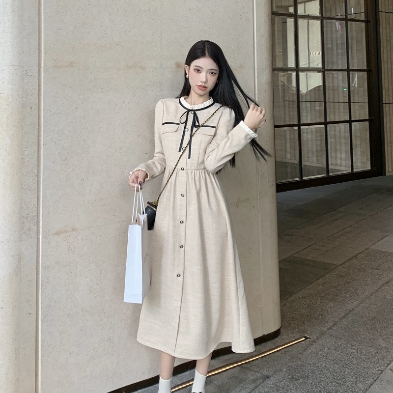 欧美跨境外贸小香风连衣裙女新款气质收腰显瘦中长款系带长袖裙子|undefined