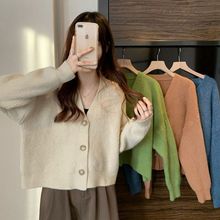 2025牛油果绿针织开衫女宽松慵懒风v领长袖毛衣外套学院披肩外搭