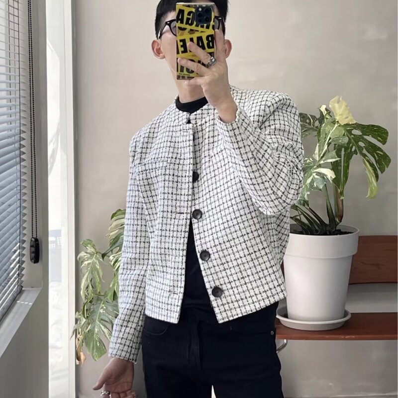 Tweed Chanel-Style Blazer for Men, Autumn Silhouette American Shoulder Pad Jacket, Short Houndstooth Suit Top