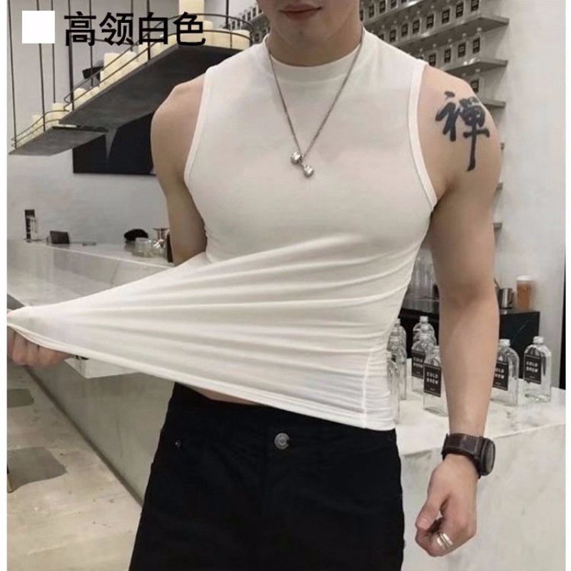背心男高领T恤韩版修身短袖弹力潮流社会小伙紧身黑色吊带马甲男