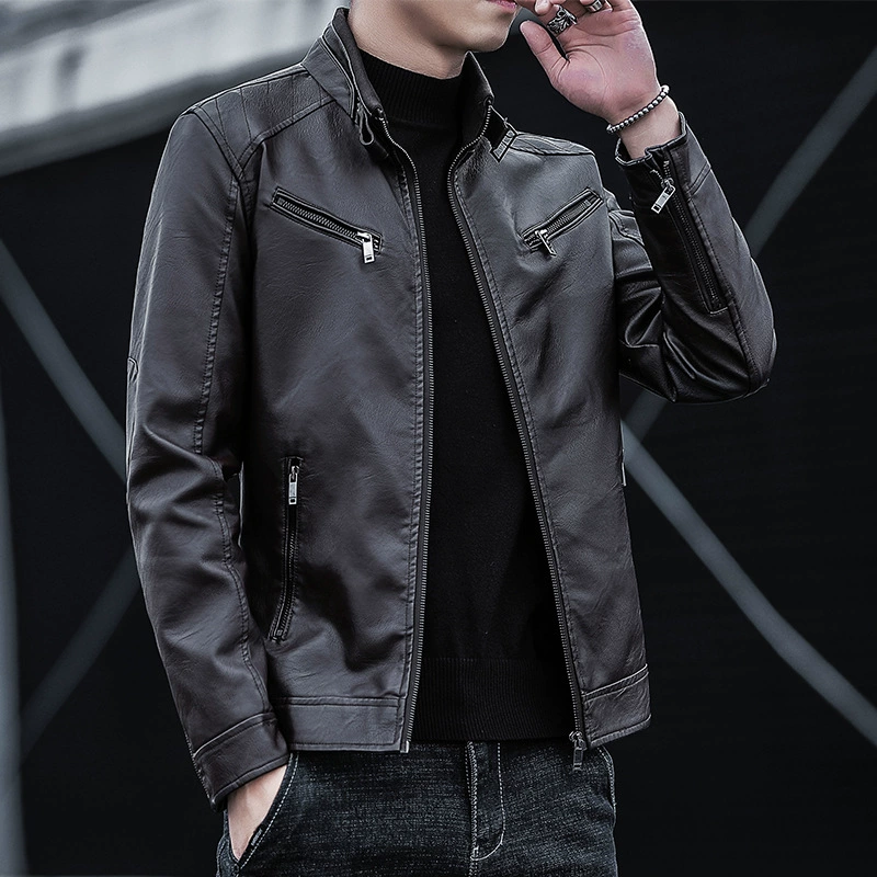 Polyurethane autumn men's jacket for leisure, Korean style, slim fit