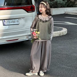 女童春款套装2026新款大童女孩针织马甲娃娃领打底衫休闲裤三件套