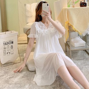 2024 Summer Women's Palace Style Mesh Pattern Pure Color Nightgown with Milk Silk Inner Layer, Easy and Breathable