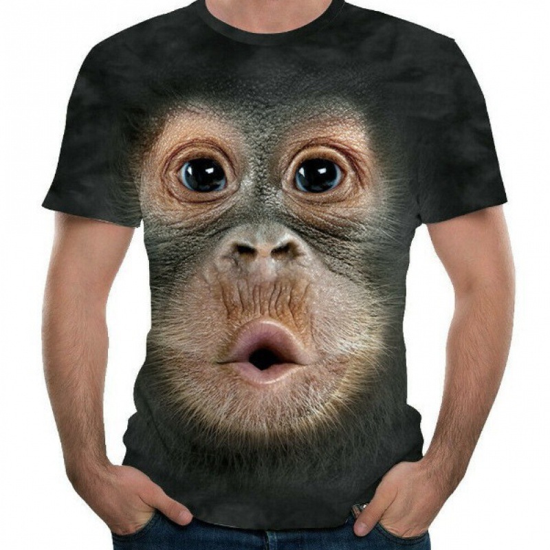 2023速卖通亚马逊3D数码印花动物猴子脸男短袖T恤健身弹性短袖