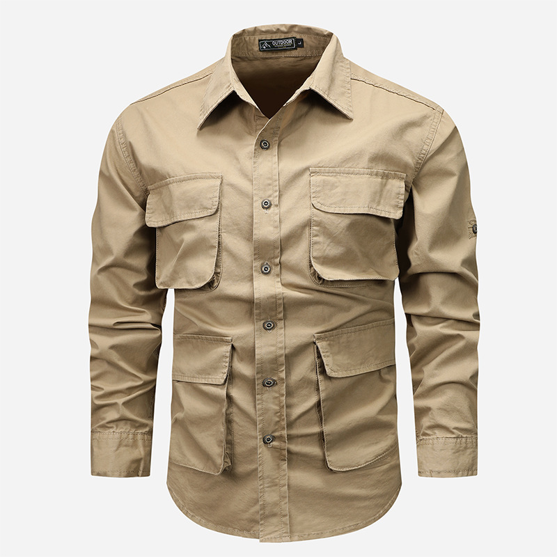Autumn and Winter new retro cotton workwear long-sleeved shirt men's loose plus size high-grade solid color shirt casual jacket