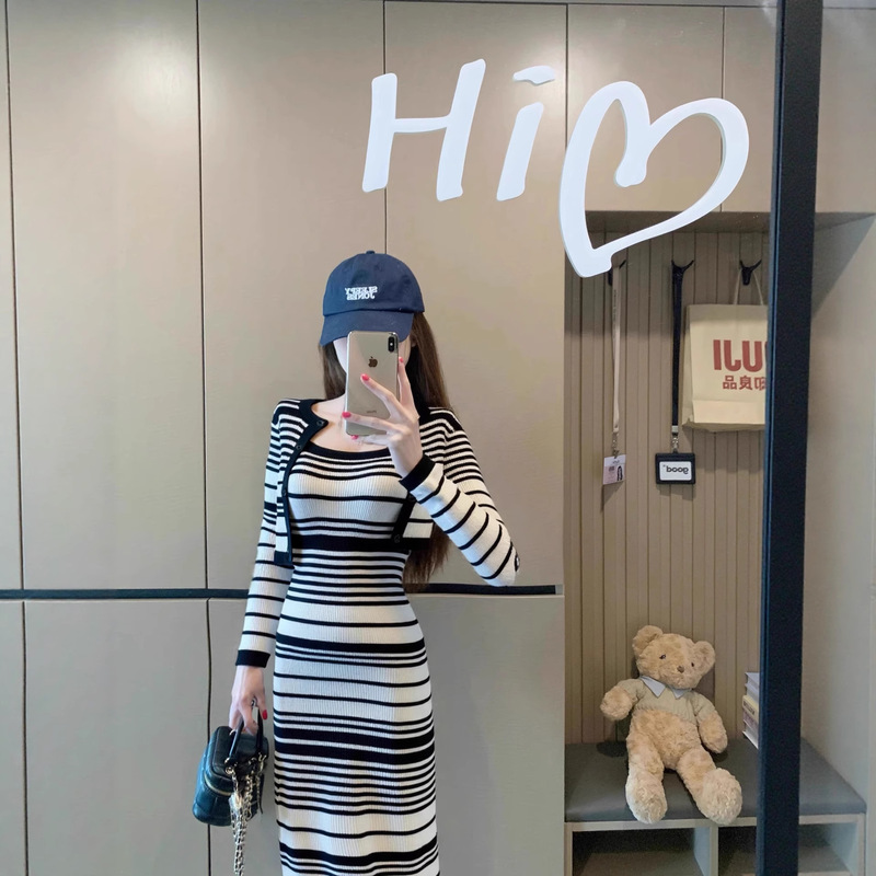 Contrast Color Stripesd Long-Sleeved Knitted Cardigan Women's Autum Gentle Style Suit Suspender Dress Hip-Covering Skirt Two-Piece Set