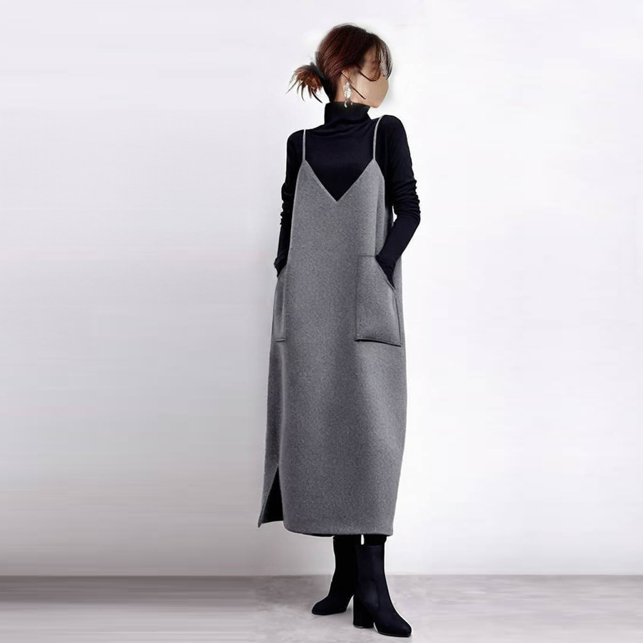 2024秋冬新款呢子连衣裙日系V领吊带呢子开叉连衣裙