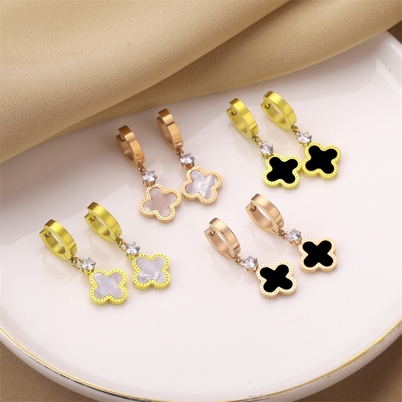 Fashion Four Leaf Clover Titanium Steel Plating Inlay Artificial Gemstones Drop Earrings 1 Pair